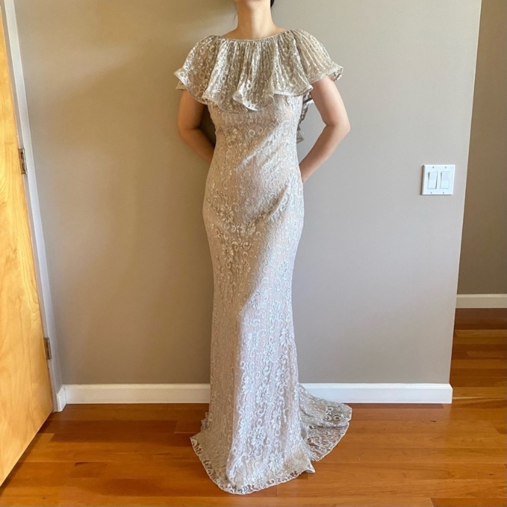 Badgley Mischka collection silver metallic lace gown maxi dress